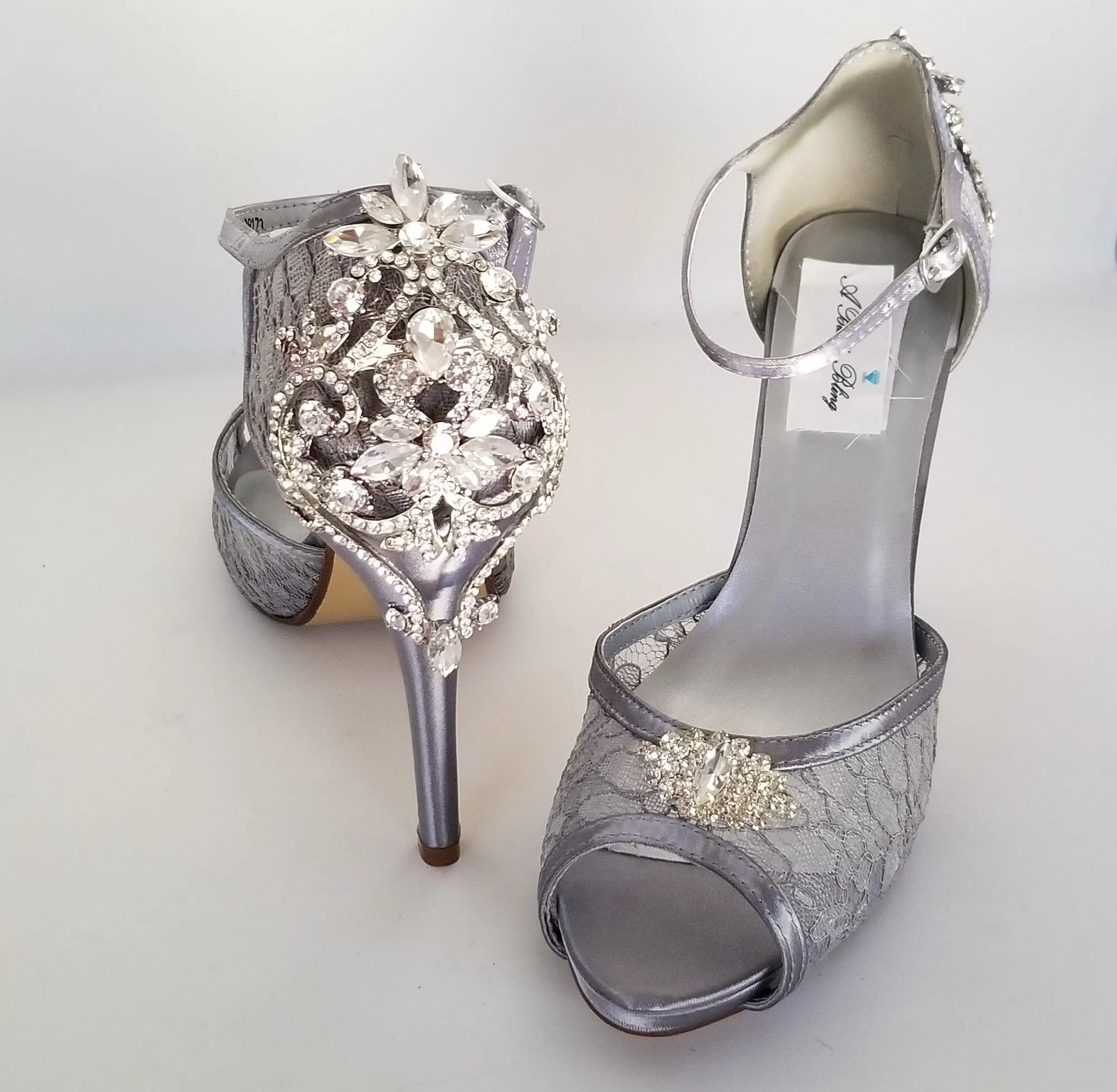 Gray Lace Bridal Shoes with Crystal Heels