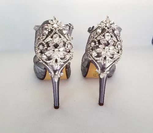 Gray Lace Bridal Shoes with Crystal Heels