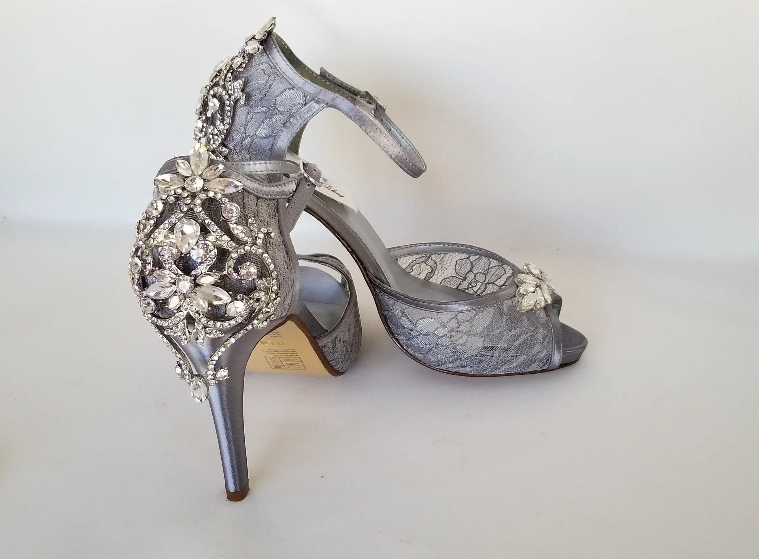 Gray Lace Bridal Shoes with Crystal Heels