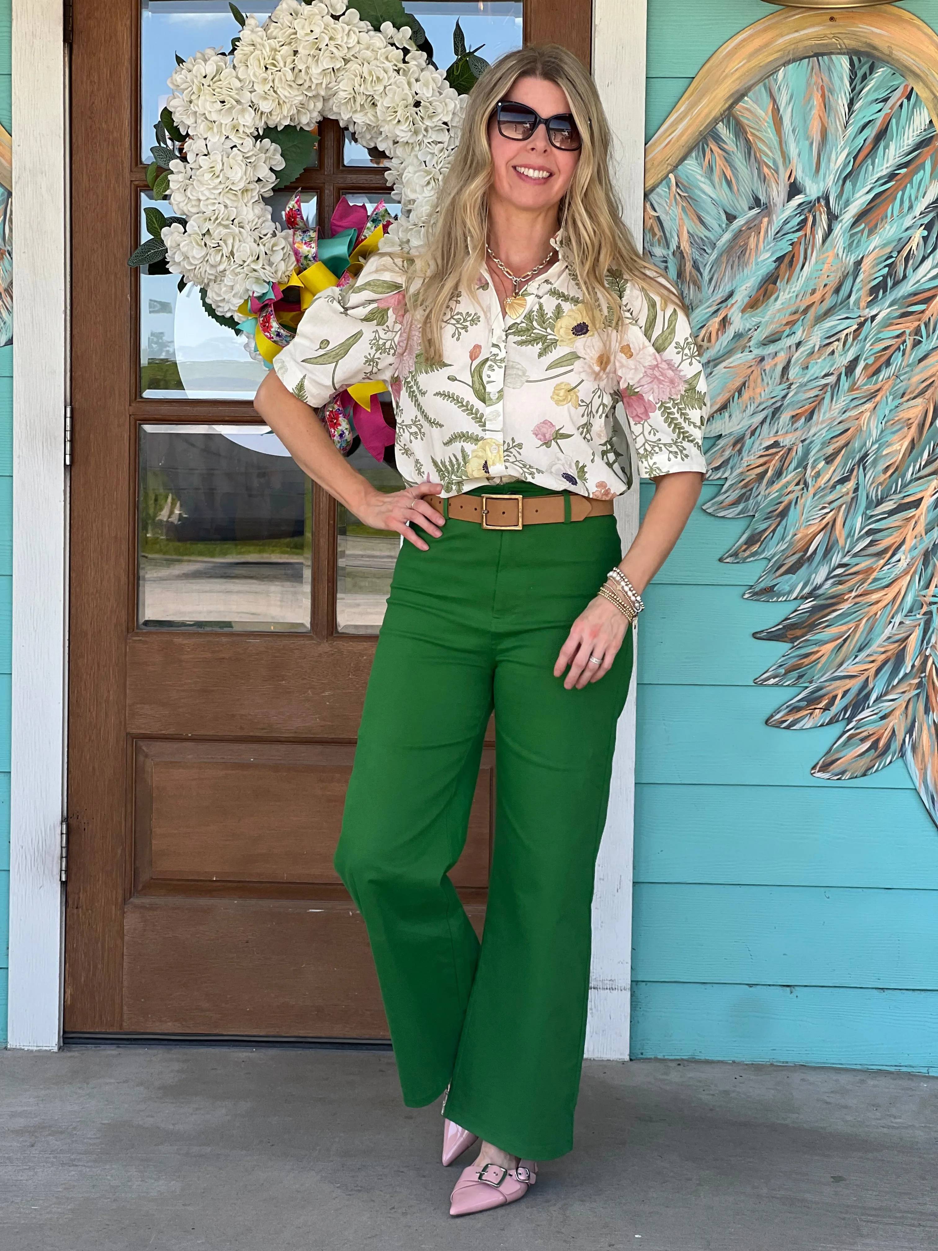 Green High Waist Wide Leg Pants