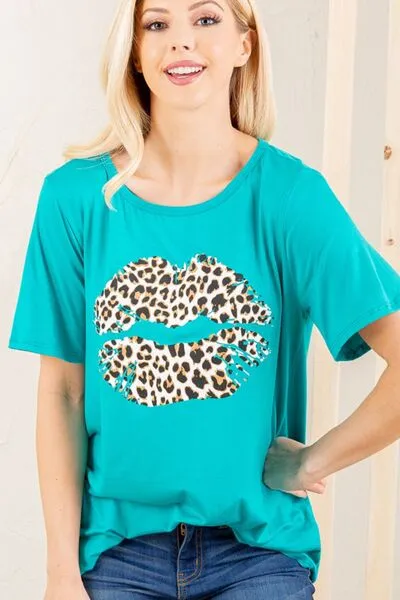 Green Leopard Lip Round Neck Short Sleeve T-Shirt Plus Size