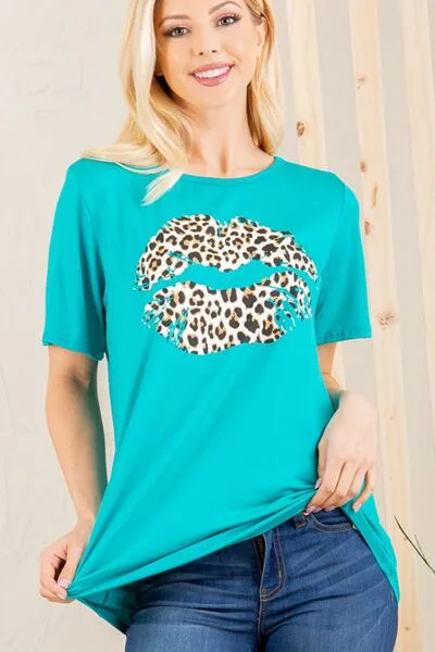 Green Leopard Lip Round Neck Short Sleeve T-Shirt Plus Size
