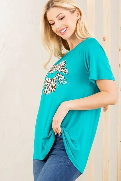Green Leopard Lip Round Neck Short Sleeve T-Shirt Plus Size