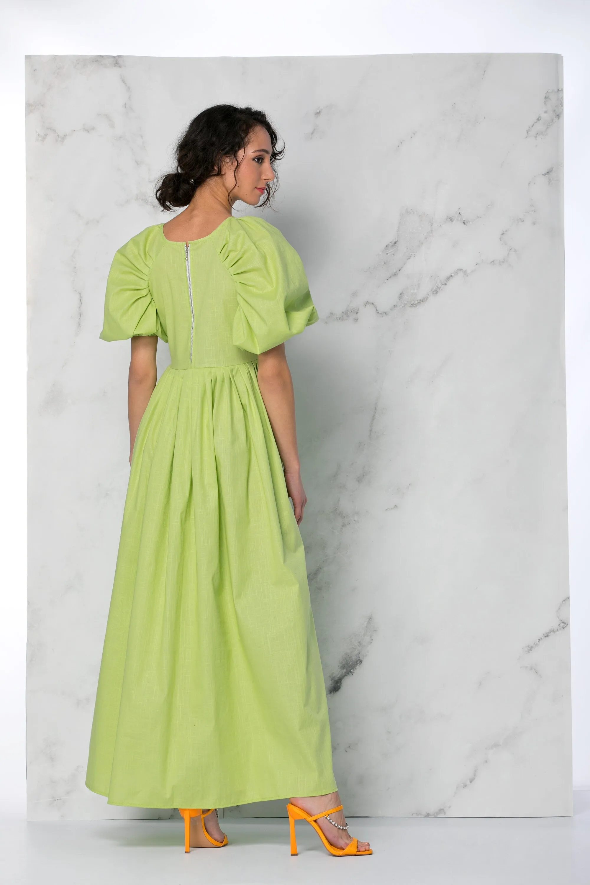 Green Linen Dress With Empire Waist And Short Puff Sleeves, Green Maxi Dress With Loose Fit, Linen Clothing, Comfy Summer Dress
