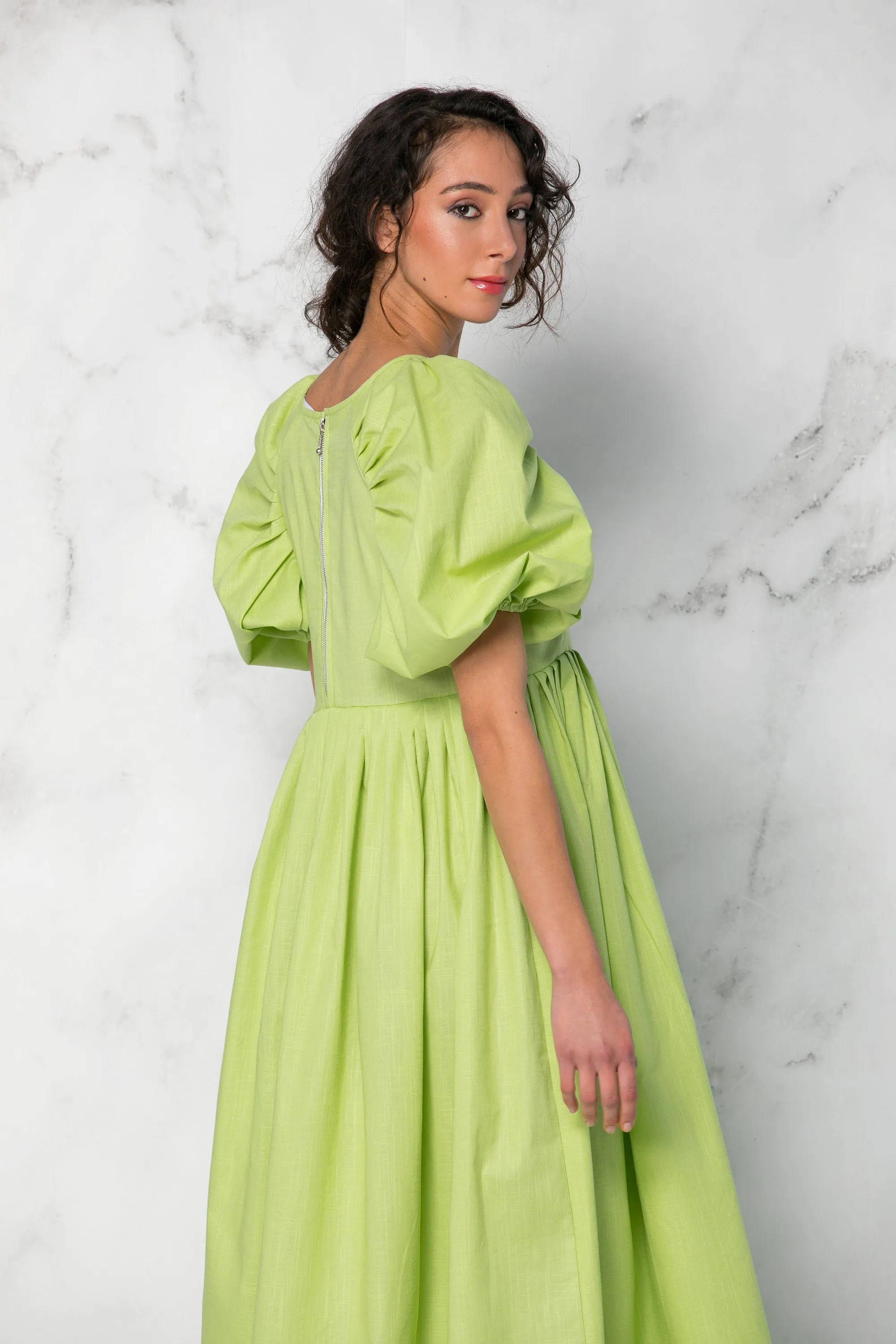 Green Linen Dress With Empire Waist And Short Puff Sleeves, Green Maxi Dress With Loose Fit, Linen Clothing, Comfy Summer Dress