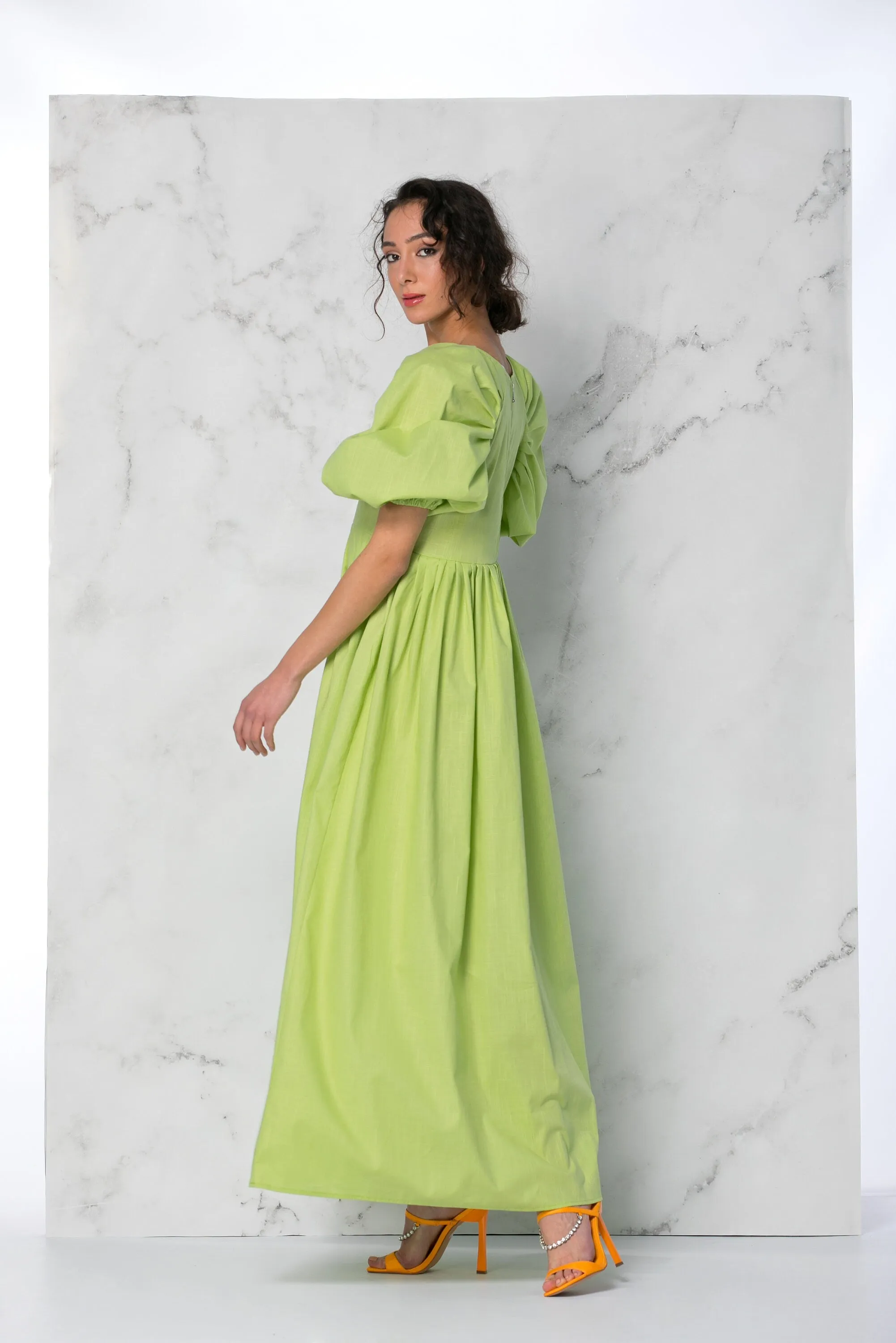 Green Linen Dress With Empire Waist And Short Puff Sleeves, Green Maxi Dress With Loose Fit, Linen Clothing, Comfy Summer Dress