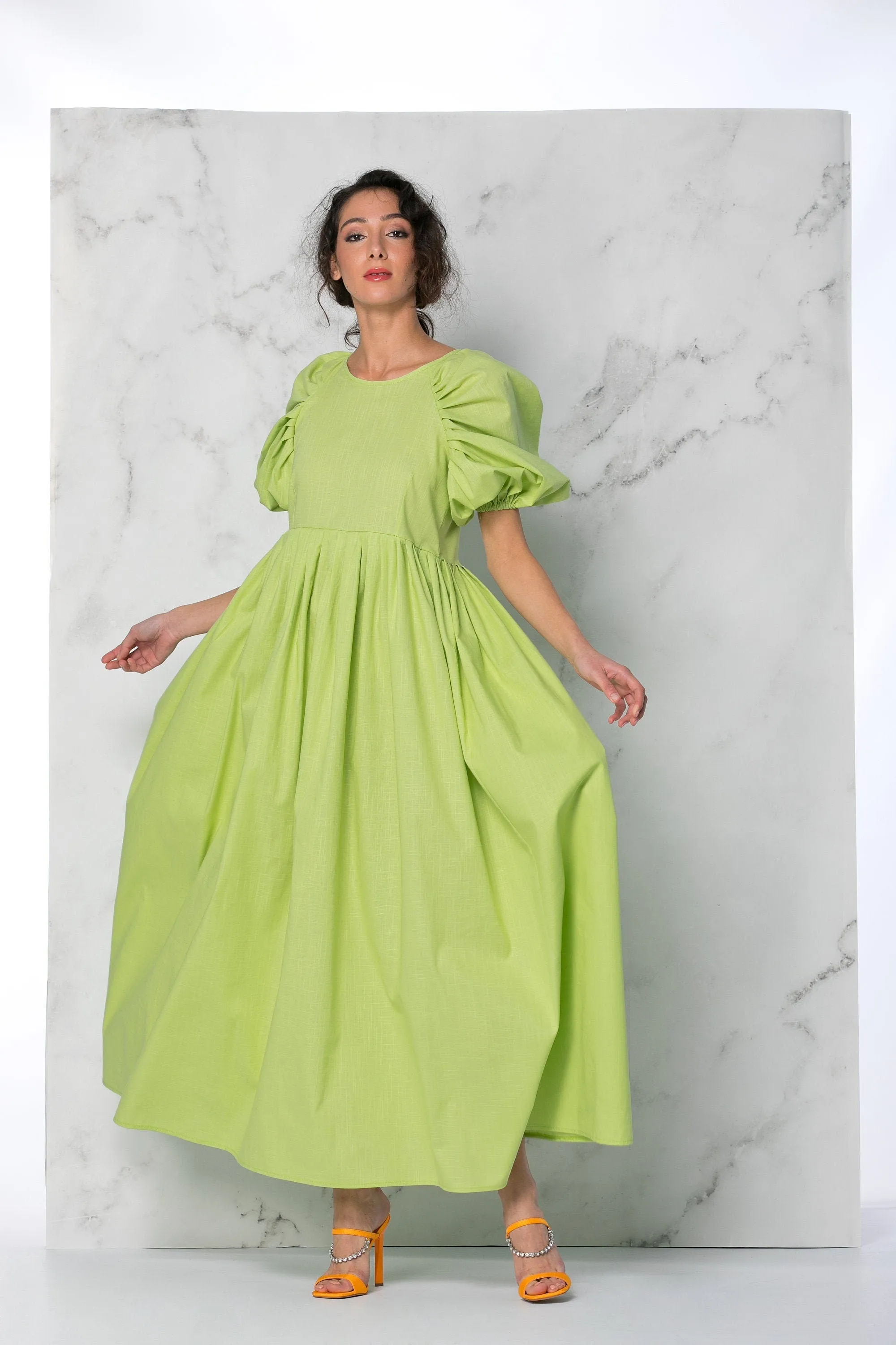 Green Linen Dress With Empire Waist And Short Puff Sleeves, Green Maxi Dress With Loose Fit, Linen Clothing, Comfy Summer Dress