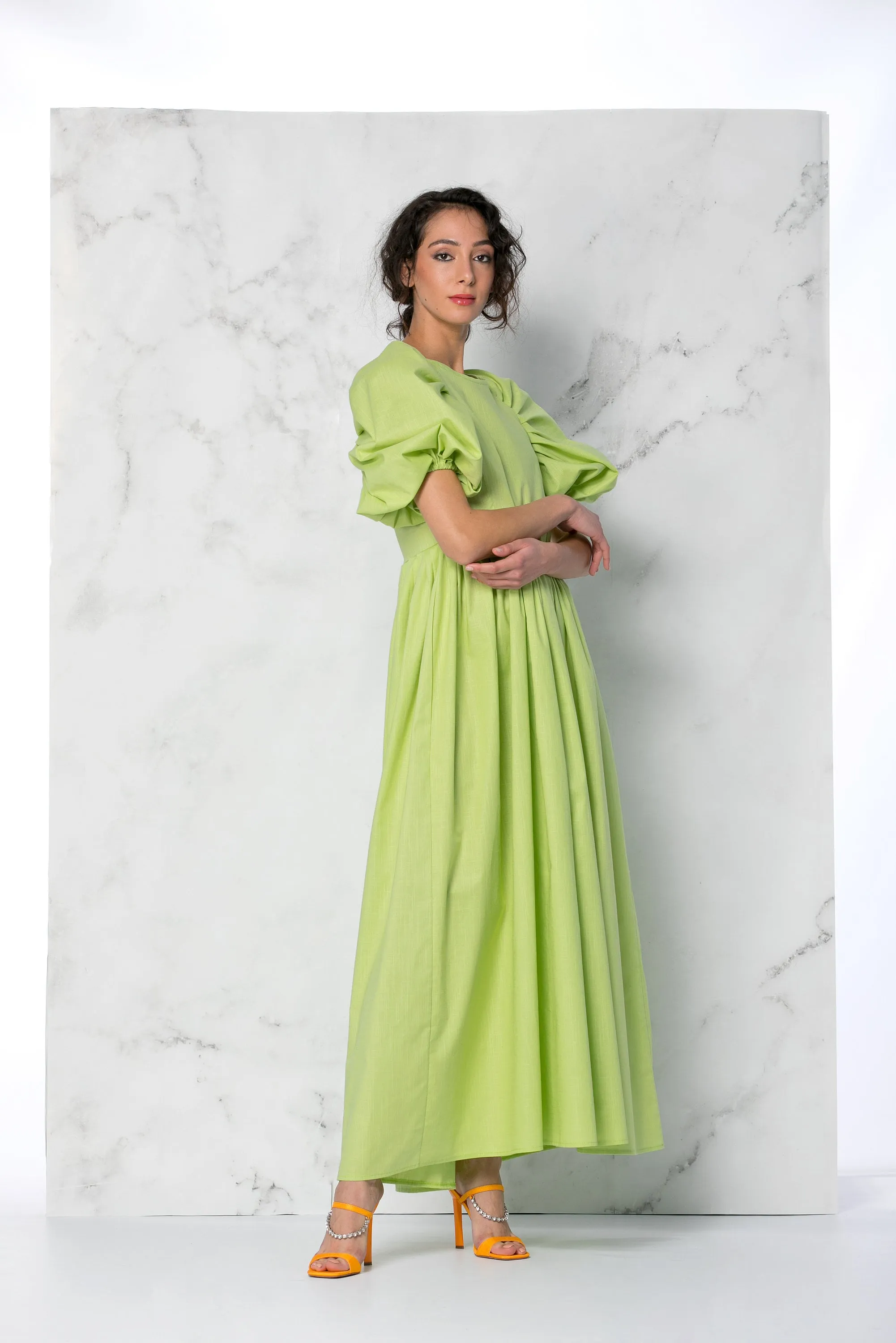 Green Linen Dress With Empire Waist And Short Puff Sleeves, Green Maxi Dress With Loose Fit, Linen Clothing, Comfy Summer Dress
