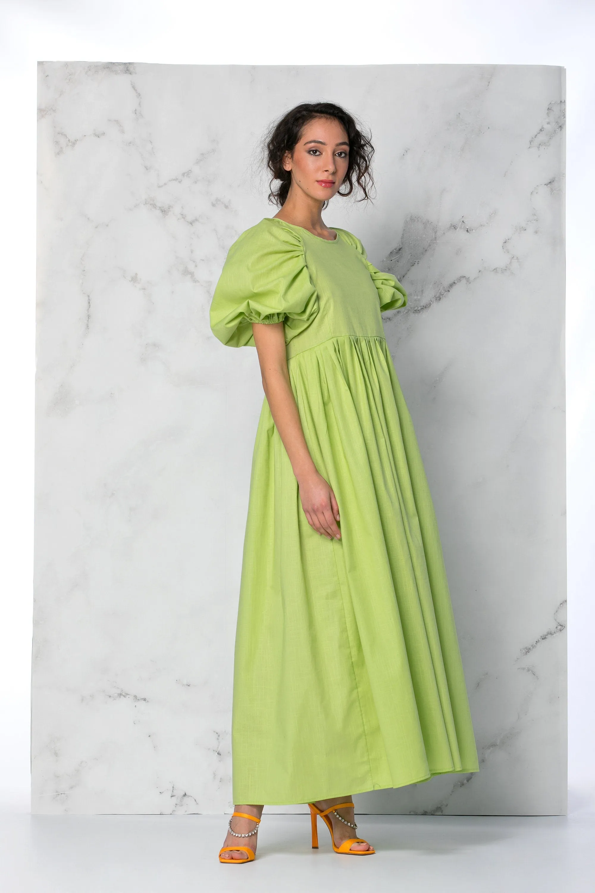 Green Linen Dress With Empire Waist And Short Puff Sleeves, Green Maxi Dress With Loose Fit, Linen Clothing, Comfy Summer Dress