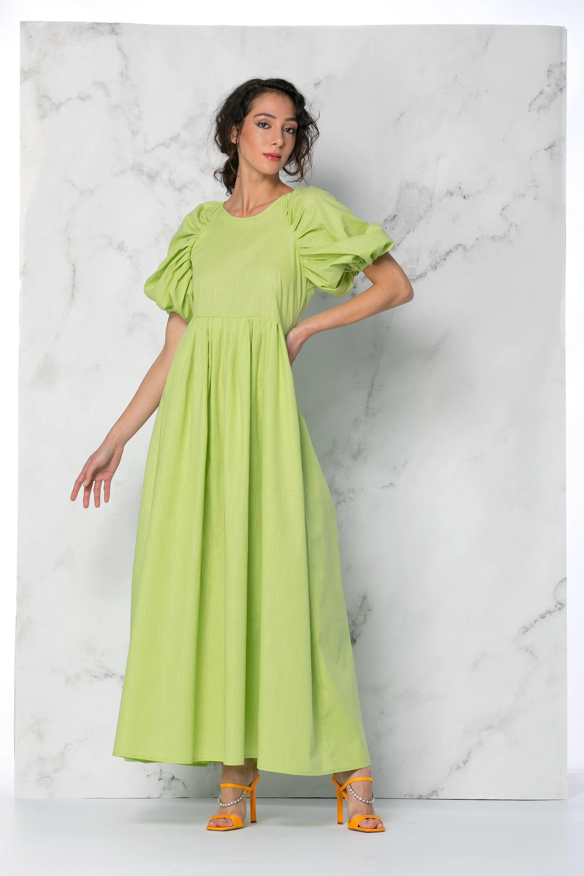 Green Linen Dress With Empire Waist And Short Puff Sleeves, Green Maxi Dress With Loose Fit, Linen Clothing, Comfy Summer Dress