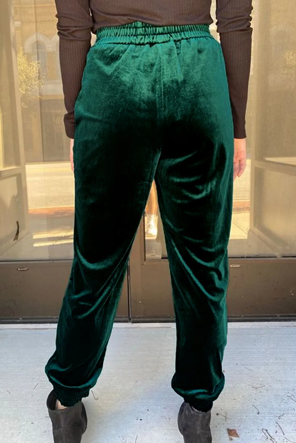 Green Solid Velvet Jogger Pants