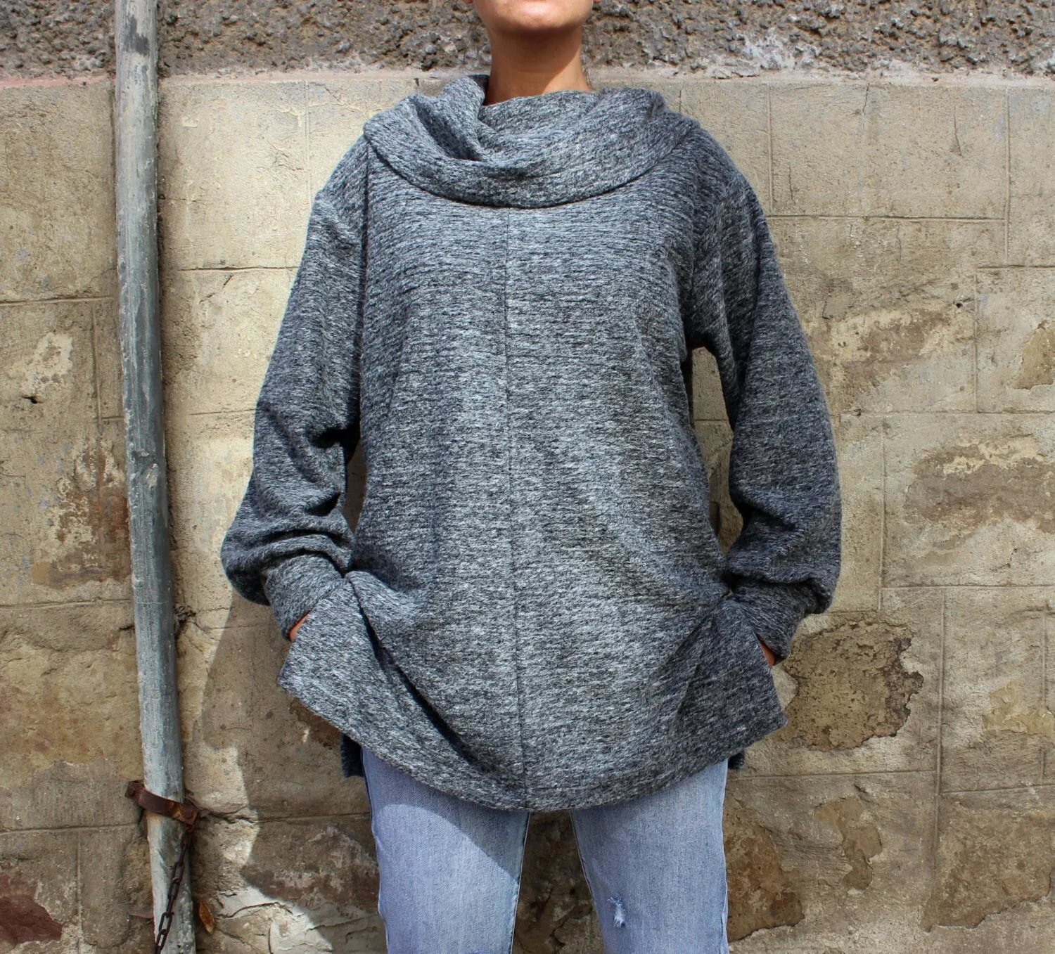 Grey Maxi sweater/ long sleeve top/ plus size sweater/ oversized sweater / plus size clothing/ Casual clothing