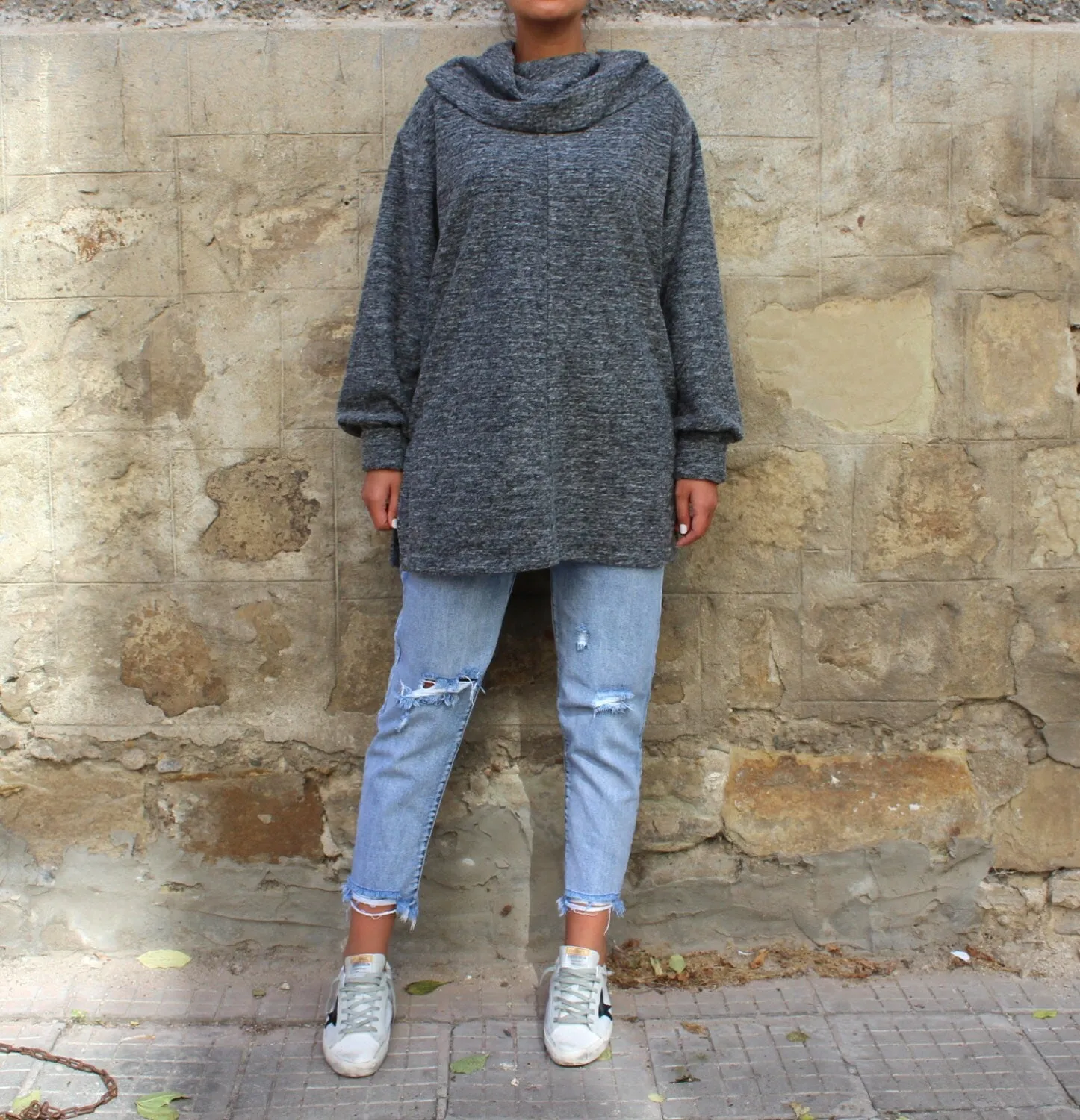Grey Maxi sweater/ long sleeve top/ plus size sweater/ oversized sweater / plus size clothing/ Casual clothing