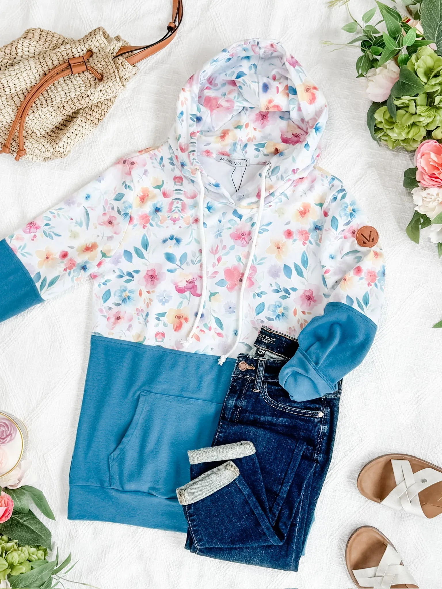 Hailey Pullover Hoodie - Watercolor Floral   Blue