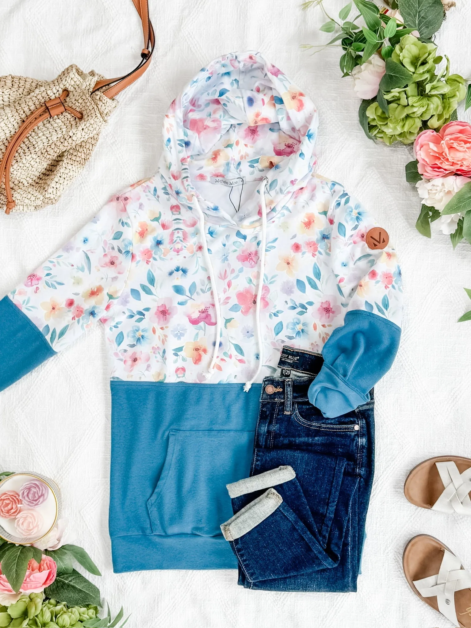 Hailey Pullover Hoodie - Watercolor Floral   Blue