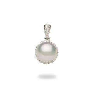 Halo Akoya White Pearl Pendant in White Gold with Diamonds - 8-8.5mm