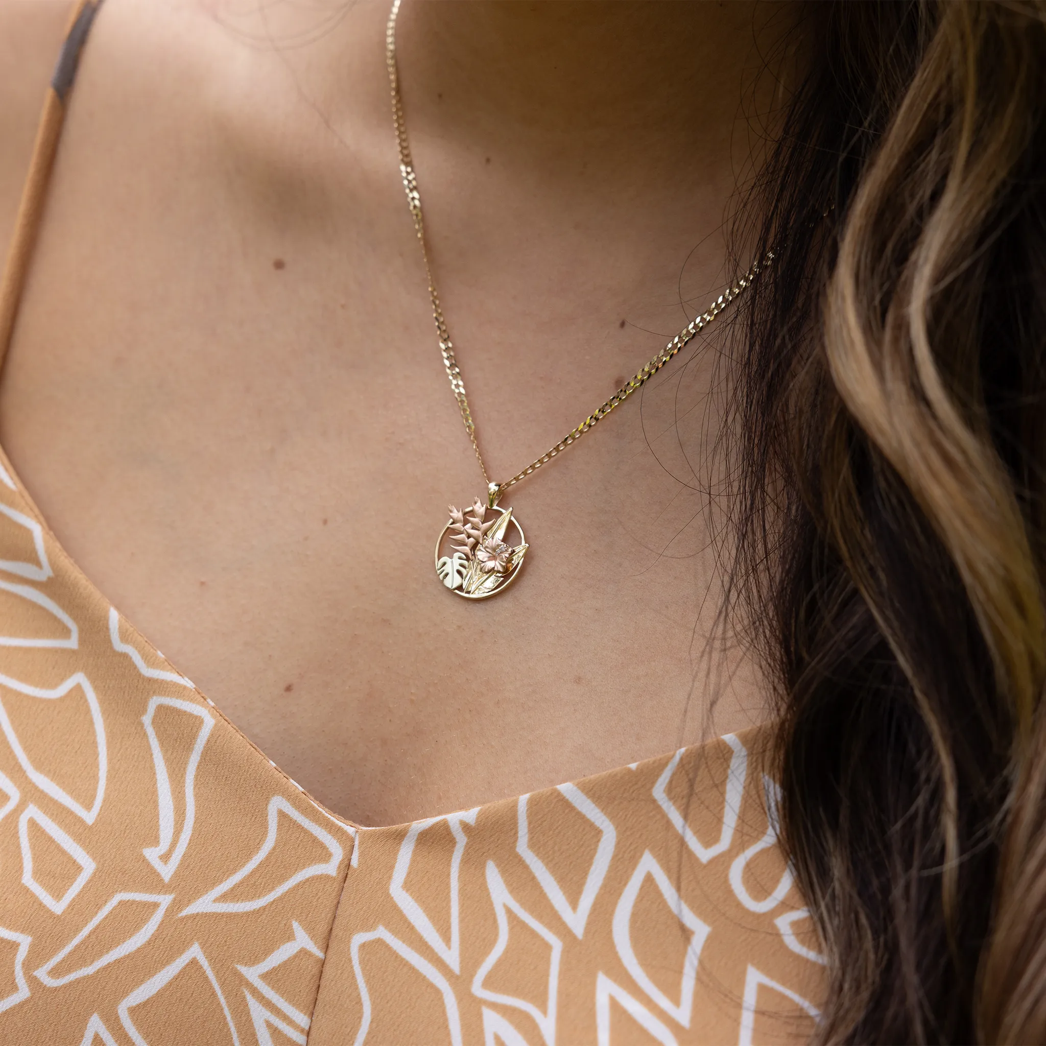 Hawaiian Gardens Hibiscus Pendant in Tri Color Gold with Diamonds - 20mm