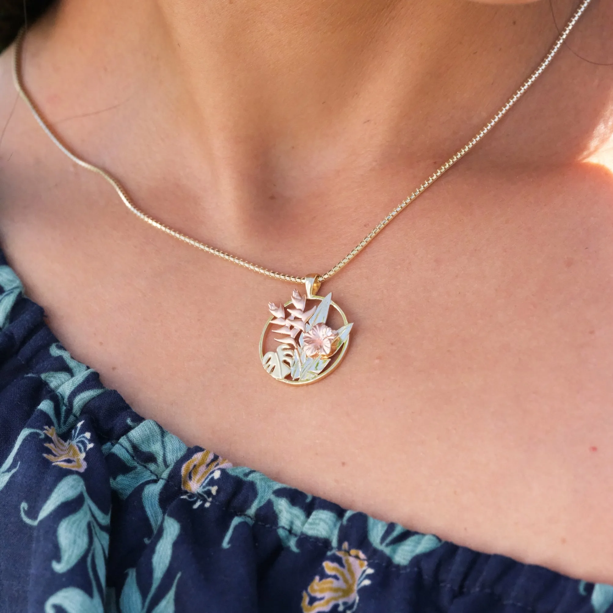 Hawaiian Gardens Hibiscus Pendant in Tri Color Gold with Diamonds - 20mm