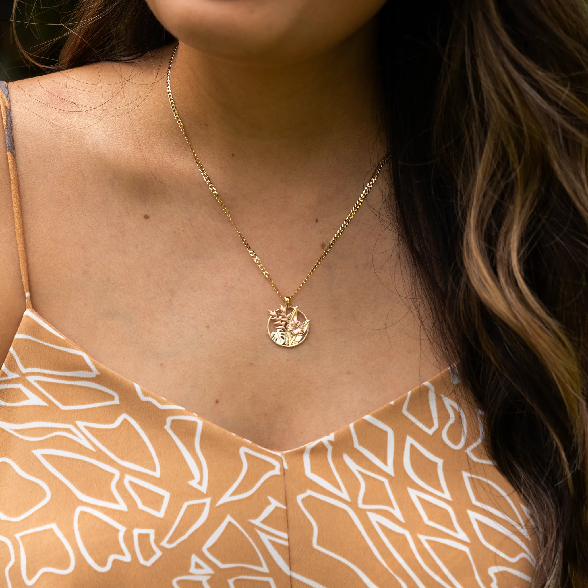 Hawaiian Gardens Hibiscus Pendant in Tri Color Gold with Diamonds - 20mm