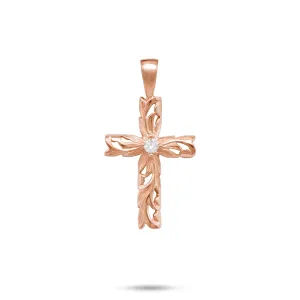 Hawaiian Heirloom Old English Scroll Cross Pendant in Rose Gold with Diamond - 30mm
