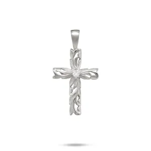 Hawaiian Heirloom Old English Scroll Cross Pendant in White Gold with Diamond - 30mm