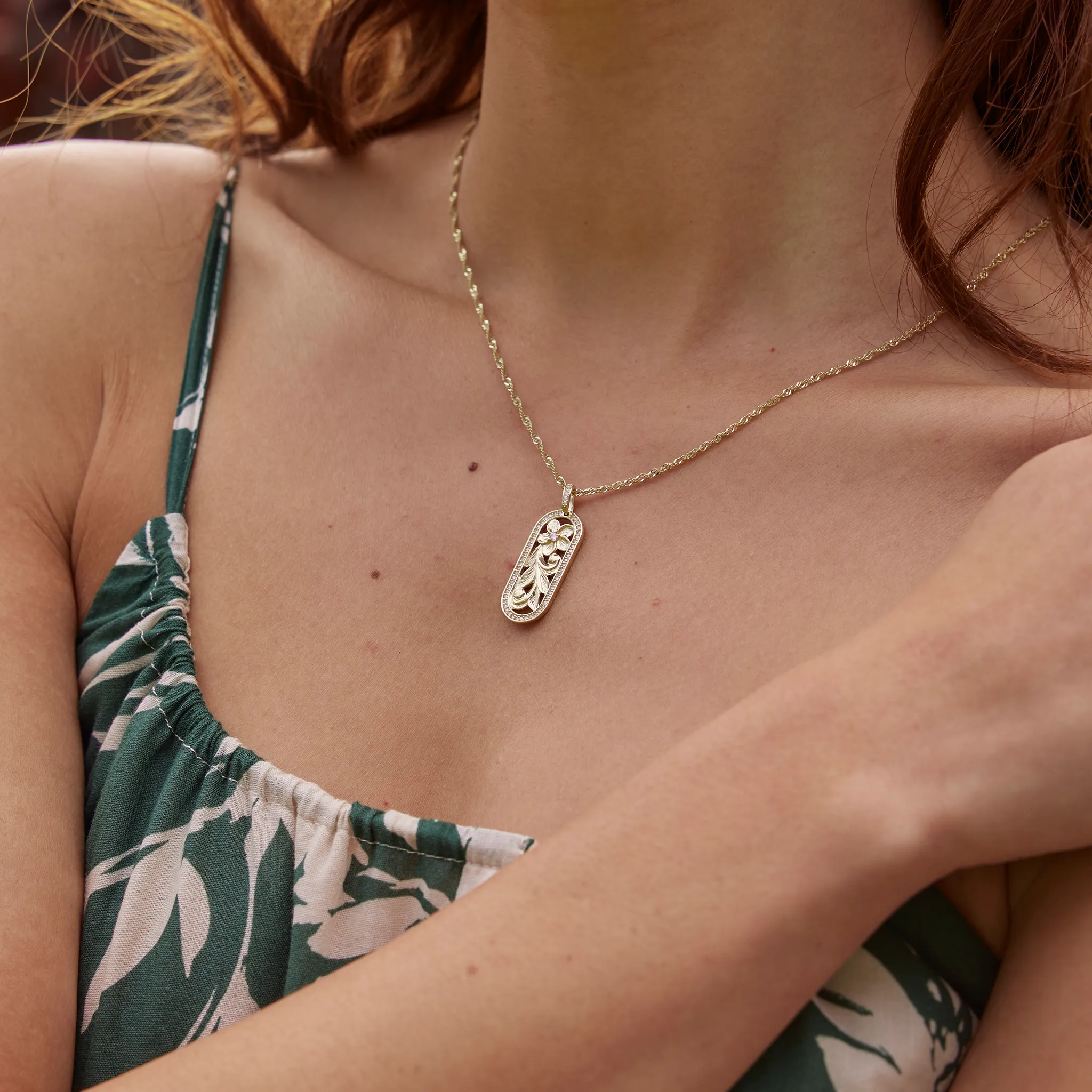 Hawaiian Heirloom Plumeria Pendant in Gold with Diamonds - 27mm