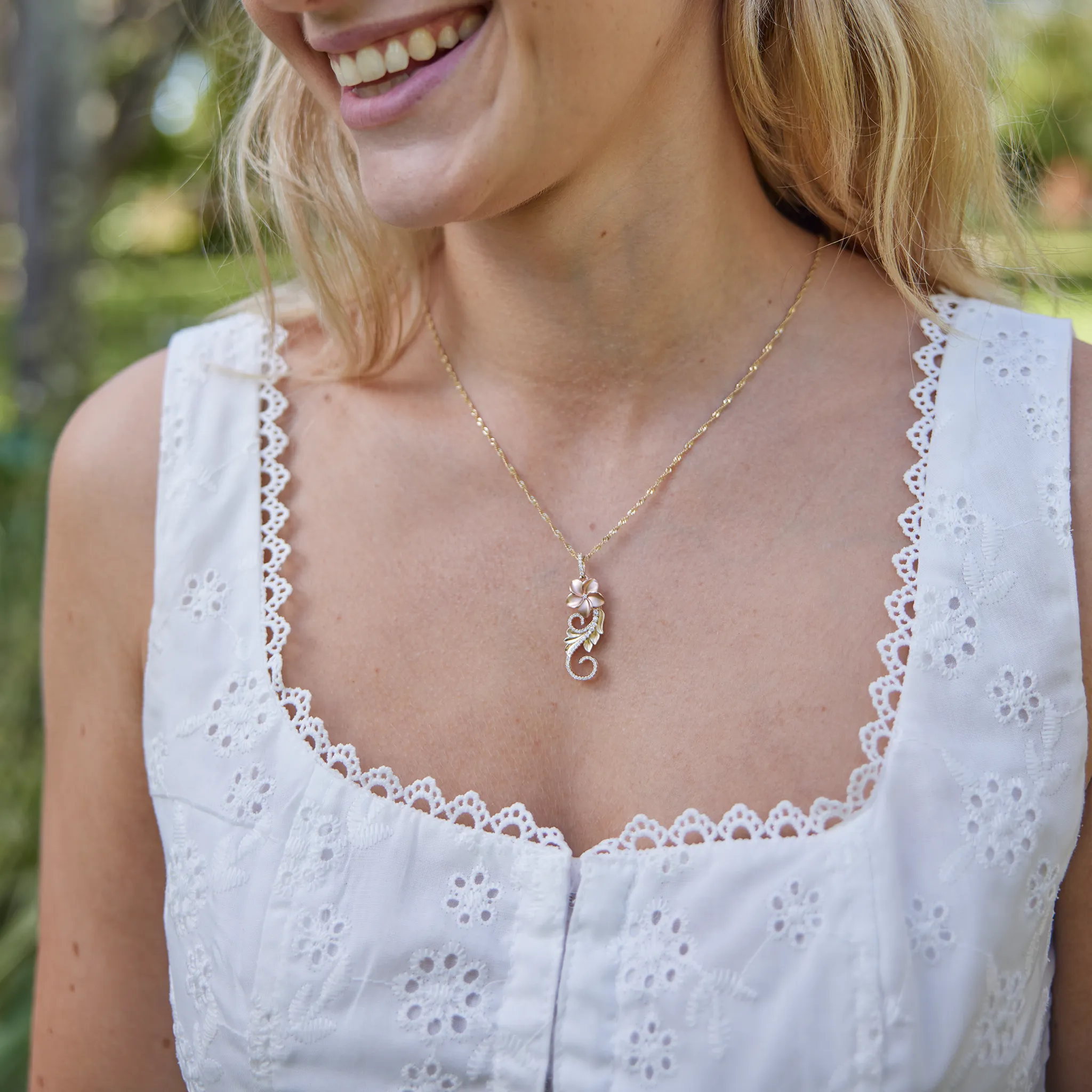 Hawaiian Heirloom Plumeria Pendant in Two Tone Gold with Diamonds - 30mm