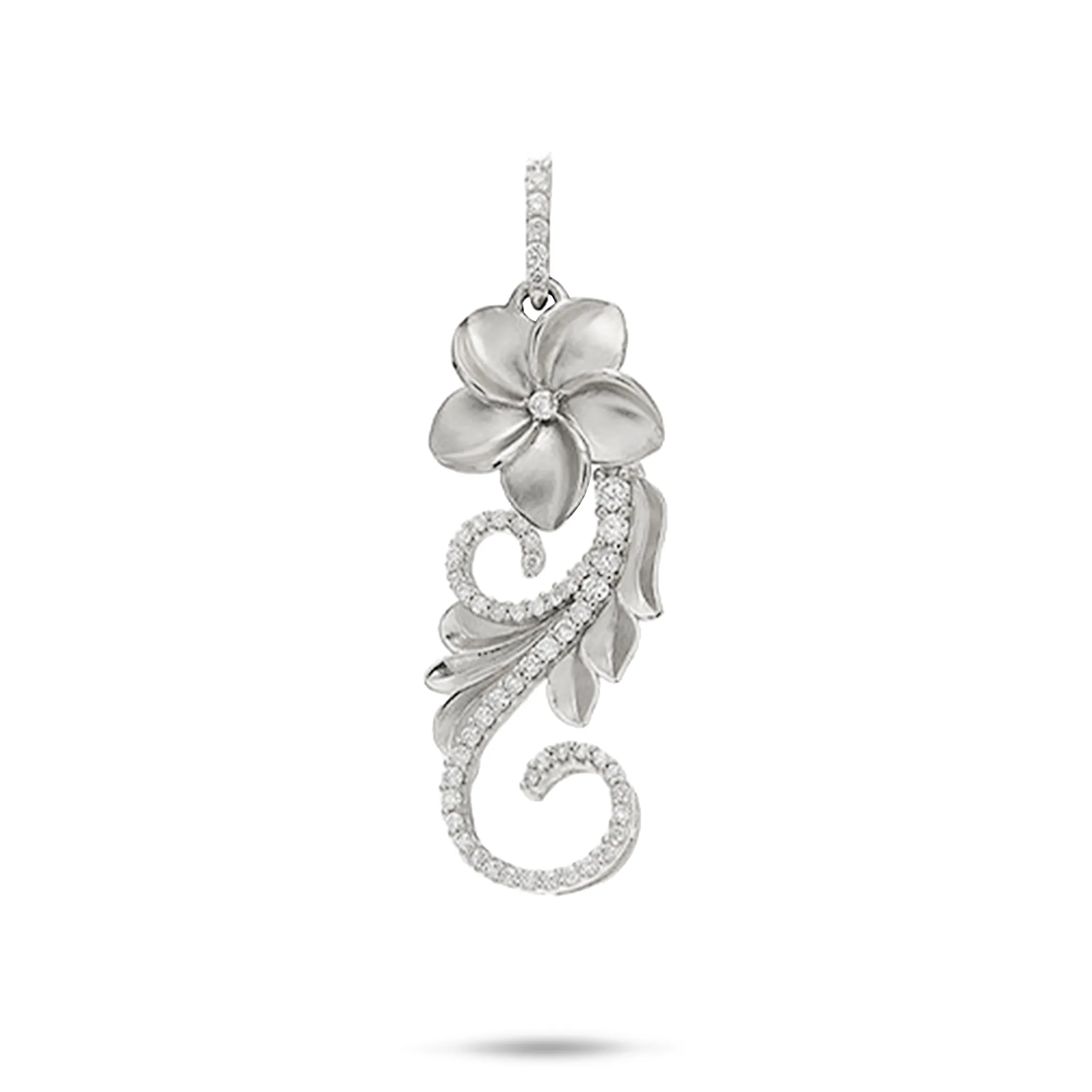 Hawaiian Heirloom Plumeria Pendant in White Gold with Diamonds - 30mm