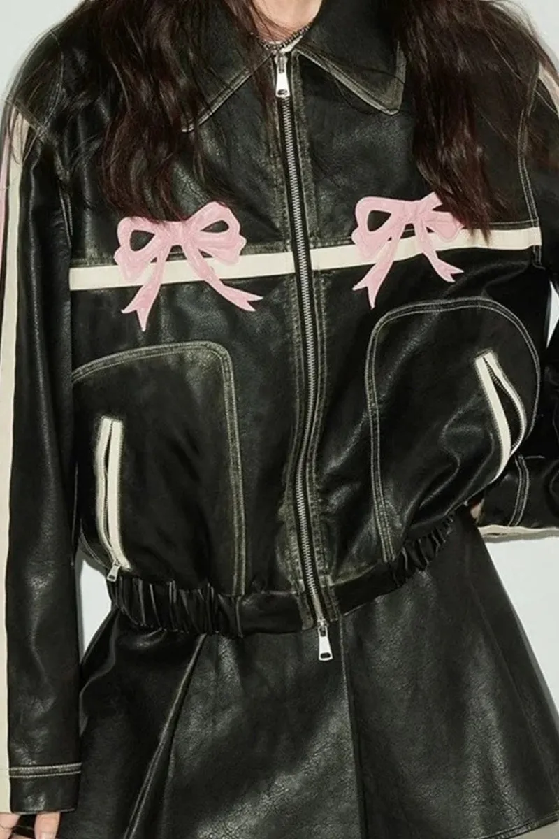 HCR1175 Vintage Bow-Detail Faux Leather Jacket Outerwear