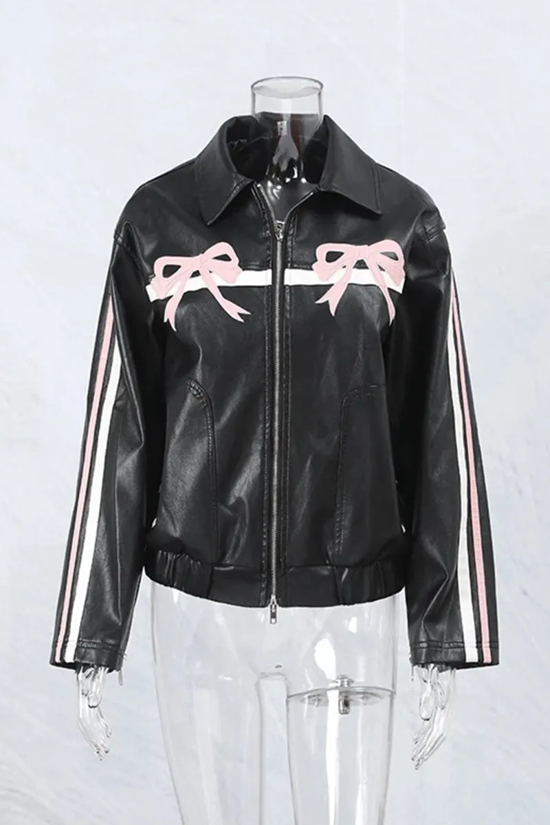 HCR1175 Vintage Bow-Detail Faux Leather Jacket Outerwear