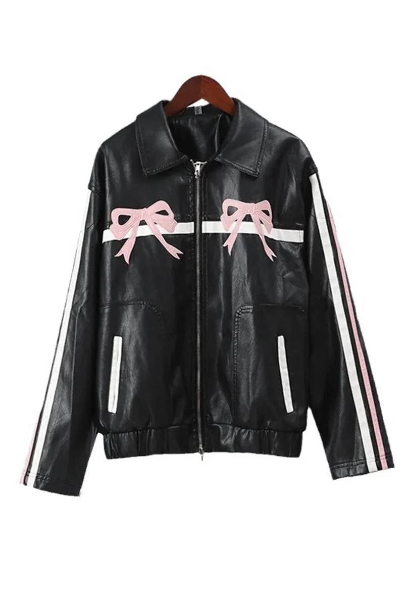 HCR1175 Vintage Bow-Detail Faux Leather Jacket Outerwear