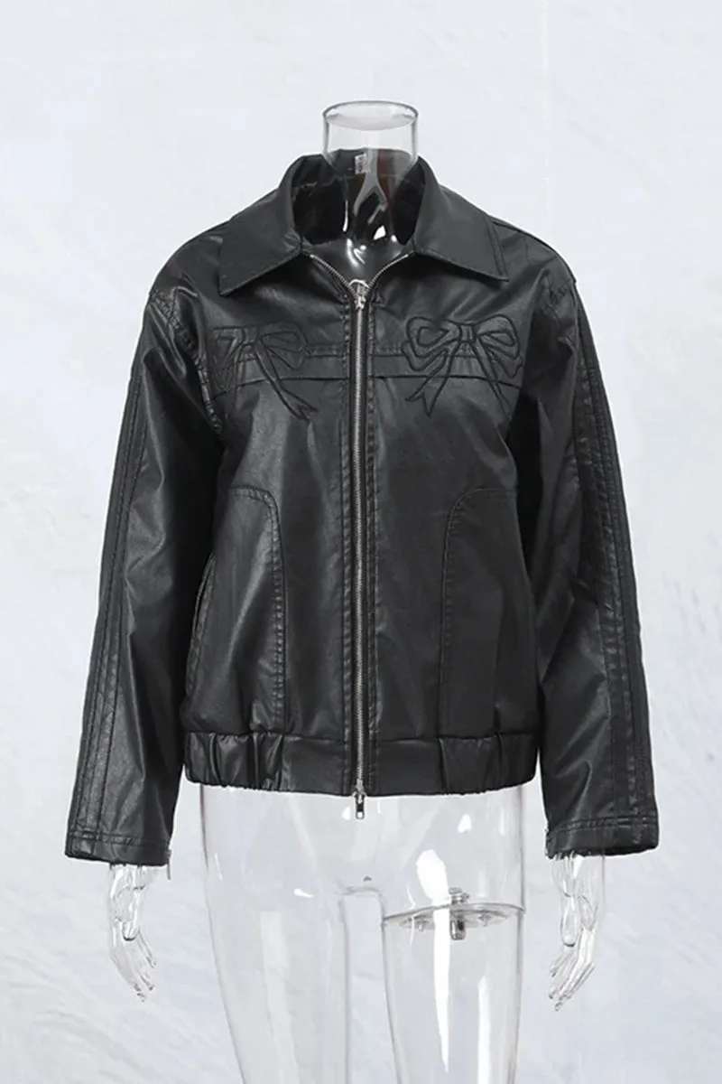 HCR1175 Vintage Bow-Detail Faux Leather Jacket Outerwear