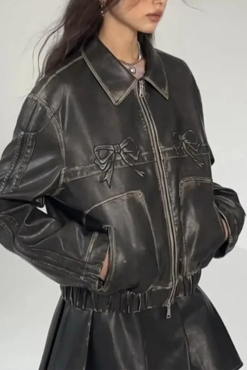 HCR1175 Vintage Bow-Detail Faux Leather Jacket Outerwear