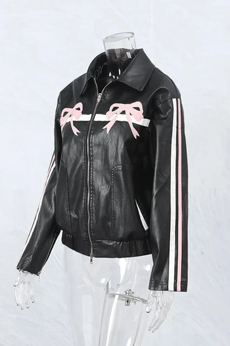 HCR1175 Vintage Bow-Detail Faux Leather Jacket Outerwear