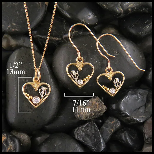 Heart and Thistle Pendant and Earring Set in Gold