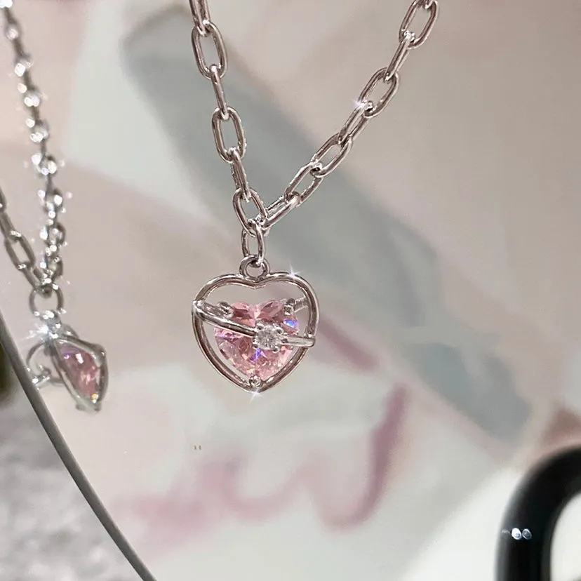 Heart Pink Galaxy Pendant Necklace Chains