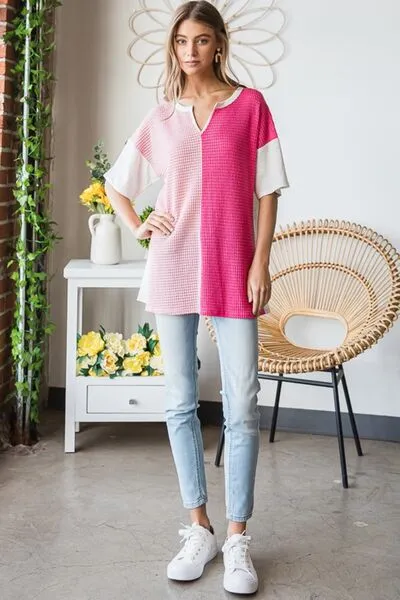 Heimish Contrast Waffle-Knit Half Sleeve Blouse