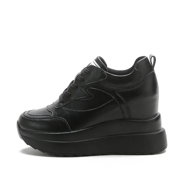 High Platform Wedge Leather Sneakers Chunky Shoes