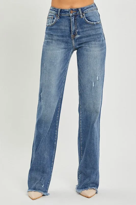 High Rise Long Straight Jeans with Distressing by Risen
