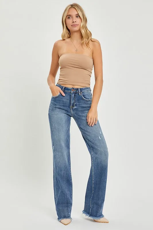 High Rise Long Straight Jeans with Distressing by Risen