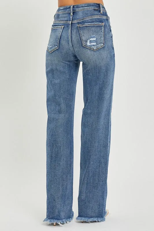 High Rise Long Straight Jeans with Distressing by Risen
