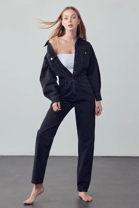 High Waist Flap Pocket Half Button Denim Jumpsuit