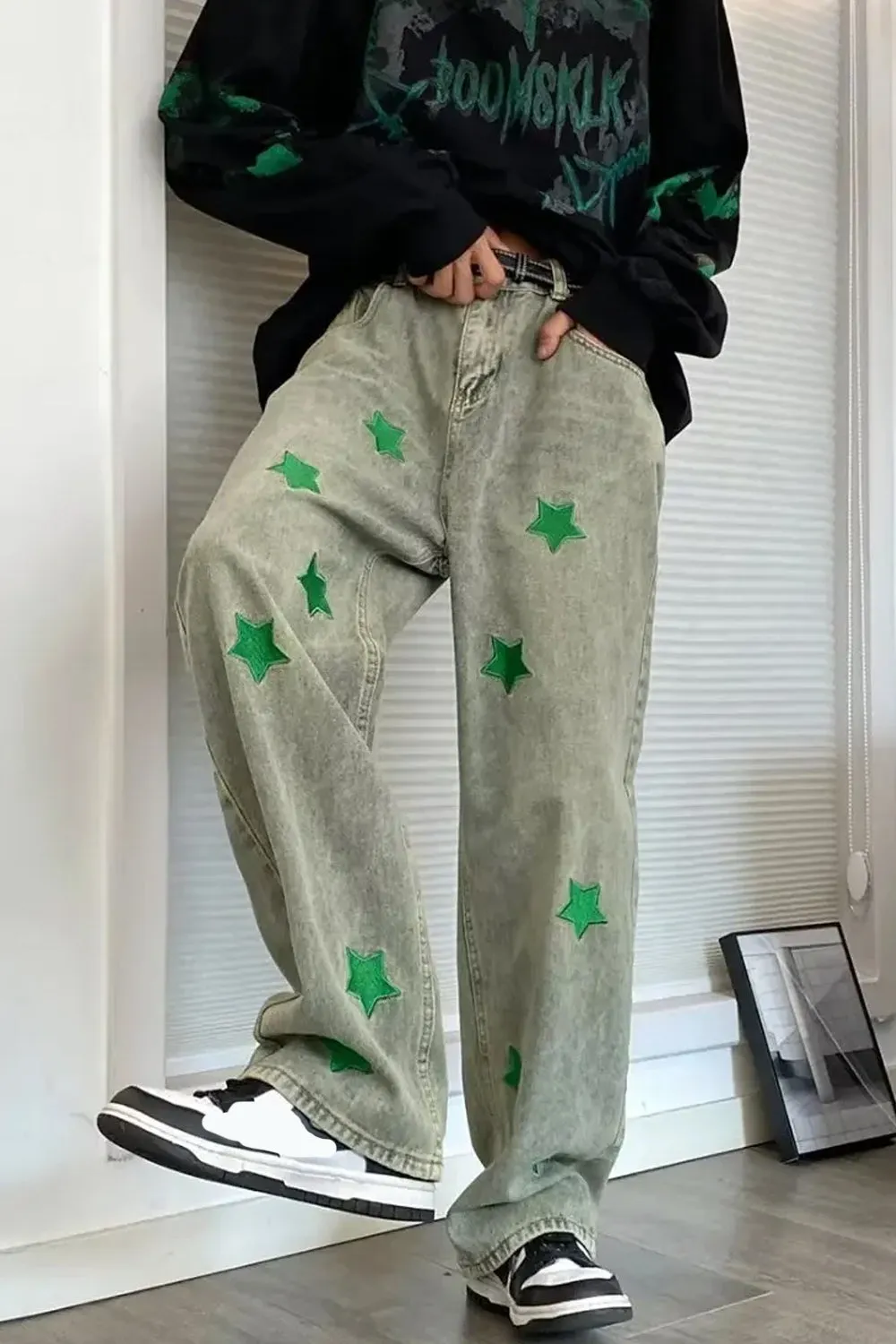 Hip Hop Green Stars Embroidered Jeans Pants