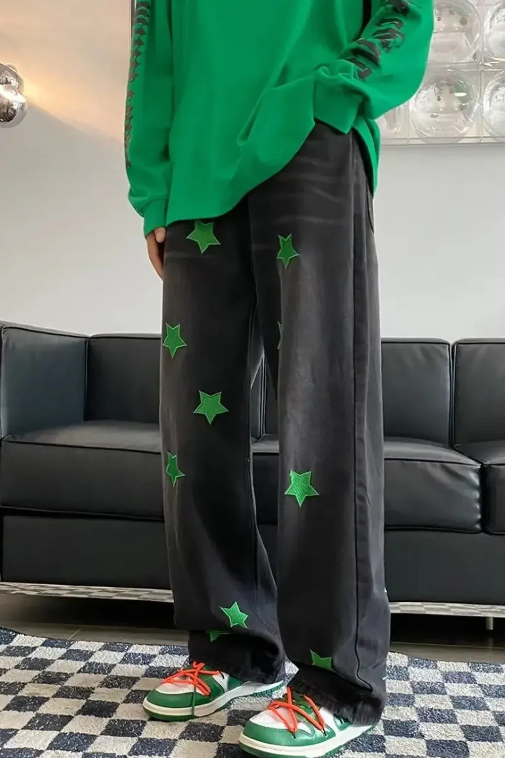Hip Hop Green Stars Embroidered Jeans Pants
