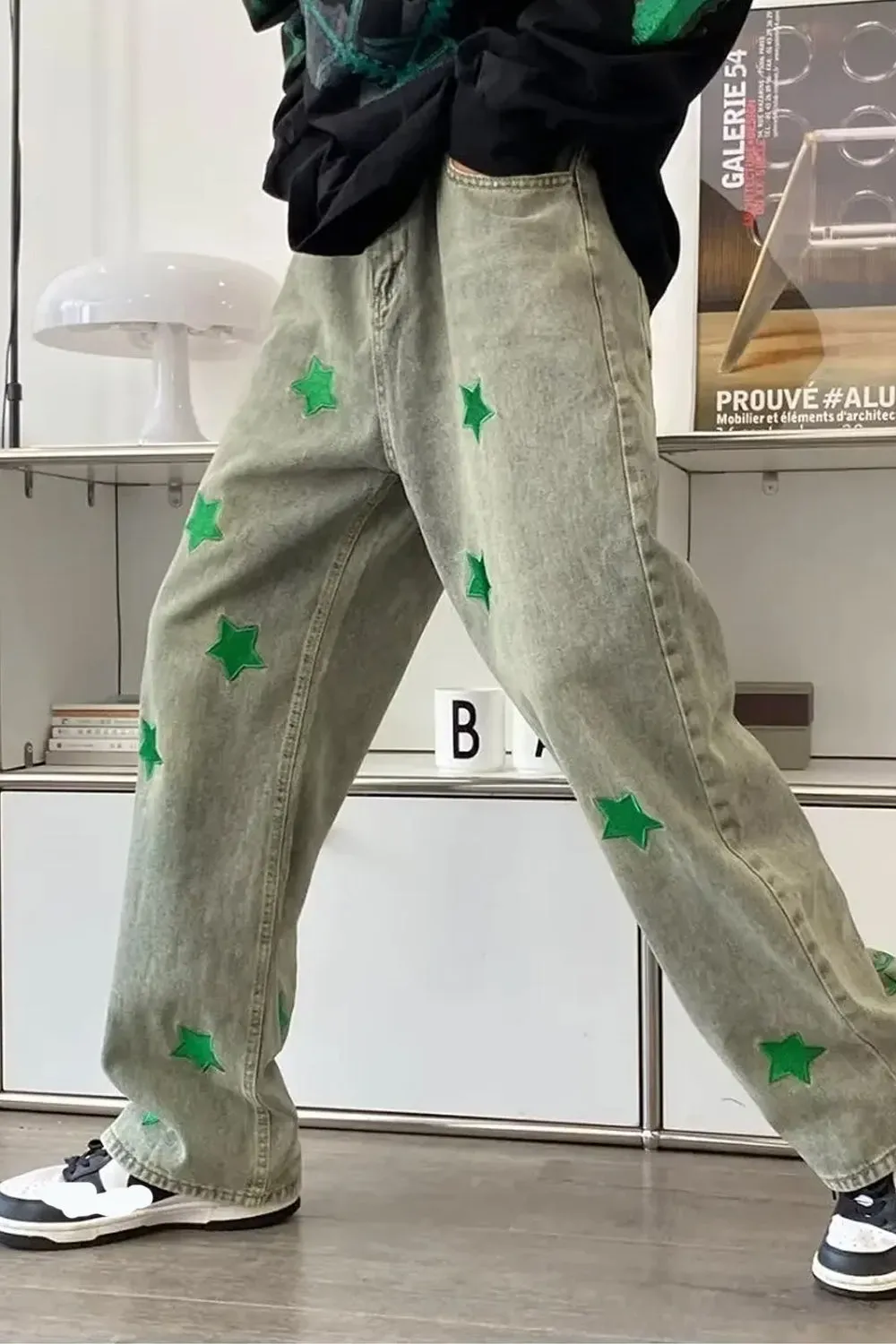Hip Hop Green Stars Embroidered Jeans Pants