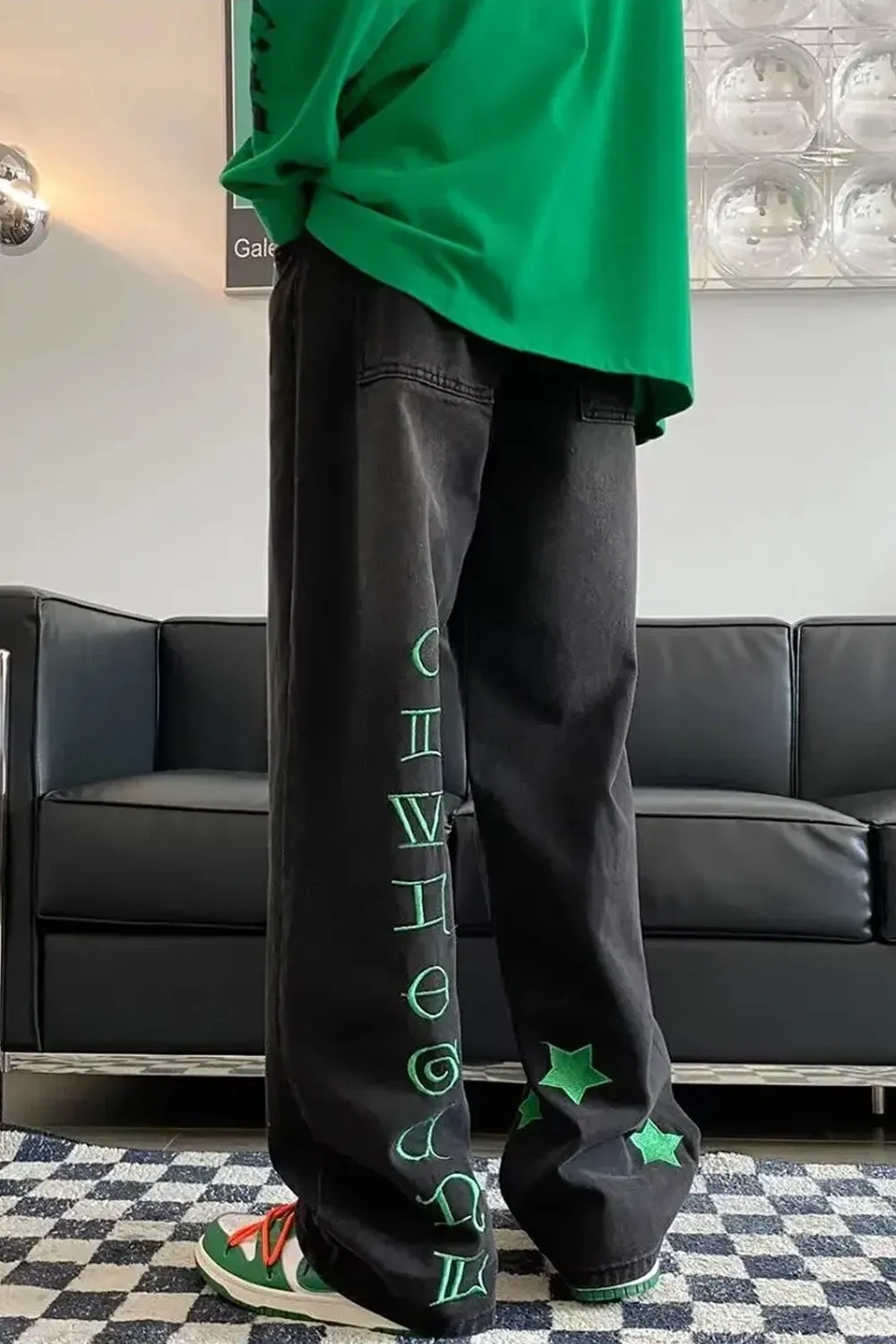 Hip Hop Green Stars Embroidered Jeans Pants