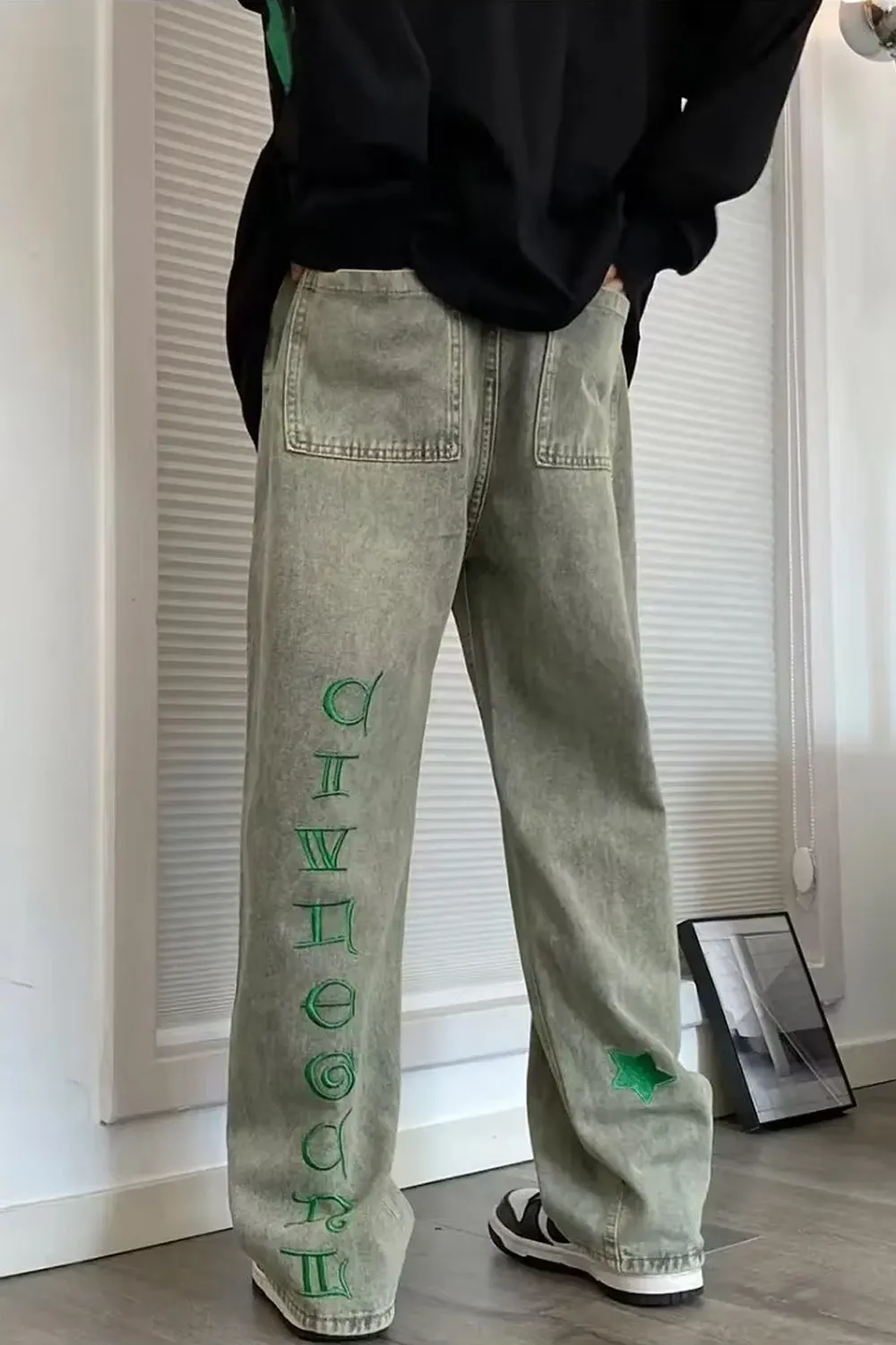 Hip Hop Green Stars Embroidered Jeans Pants