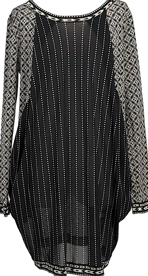 HIROKO KOSHINO JAPAN. HIROKO BIS Black, Ivory Drape Pocket Switching Dot Mesh Tunic