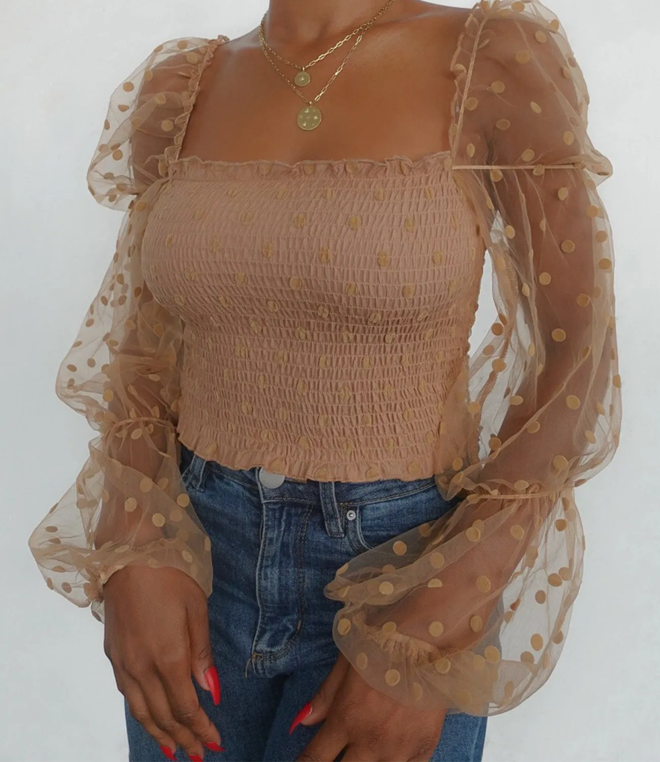 Holiday Dinner Mesh Sleeve Top(Beige)