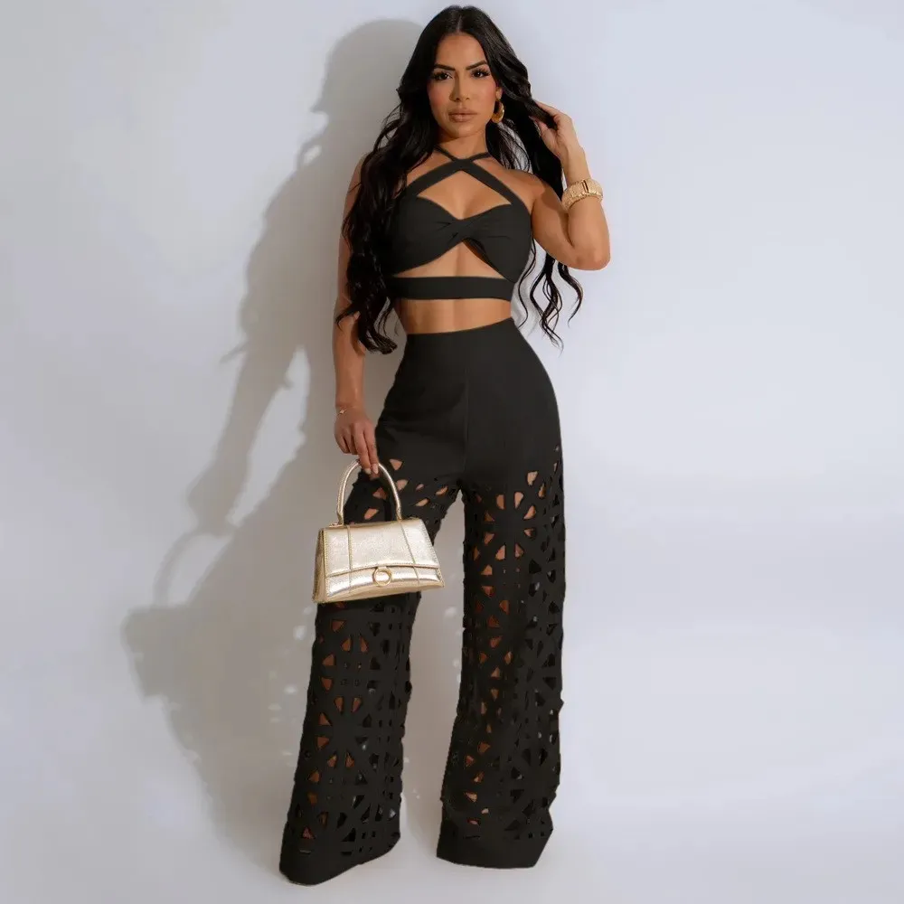 hollowed wide leg pants set